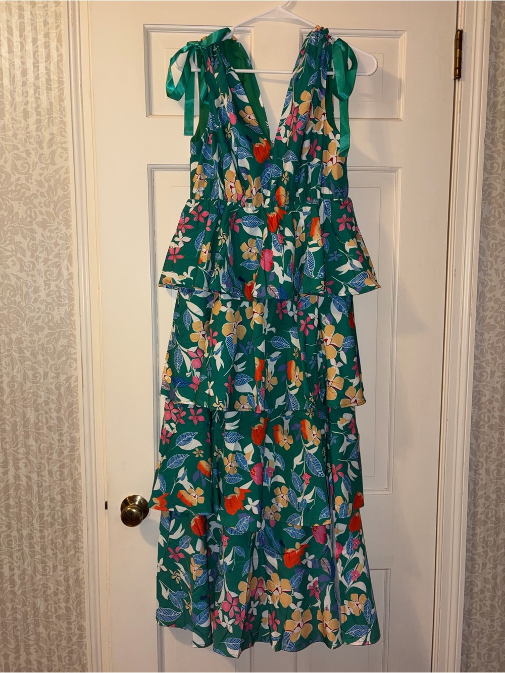 Amazon Green Floral Tiered Maxi Dress with Tie Shoulders